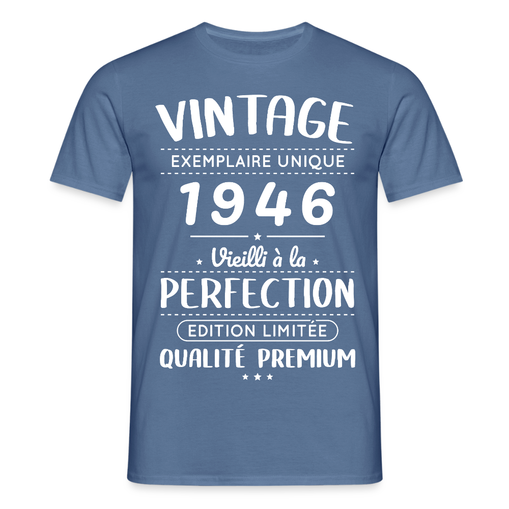 T-shirt anniversaire homme 80 ans – Vintage 1946 – Perfection - bleu pigeon 