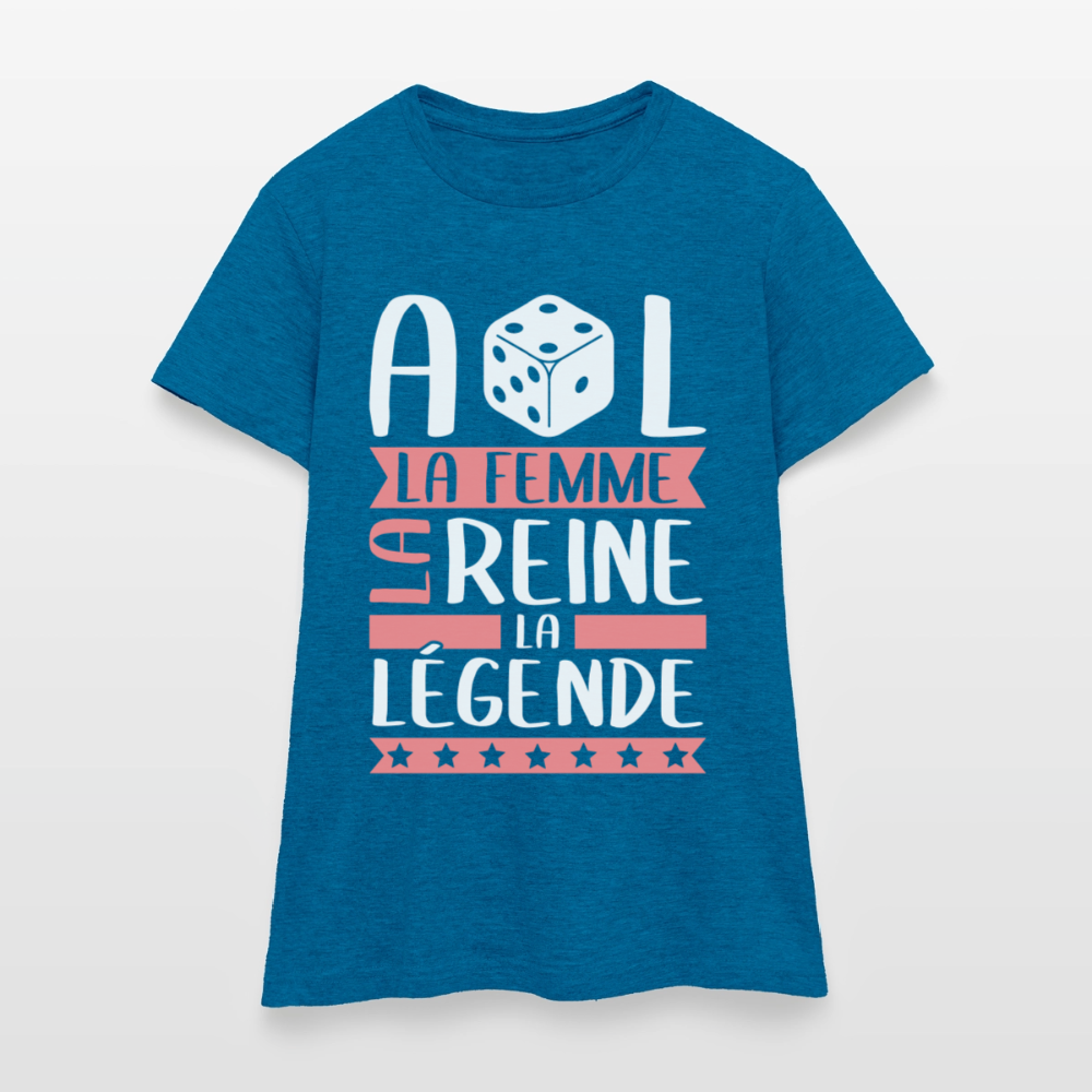 T-shirt femme Adèle rébus – La femme, la reine, la légende - bleu saphir antique chiné