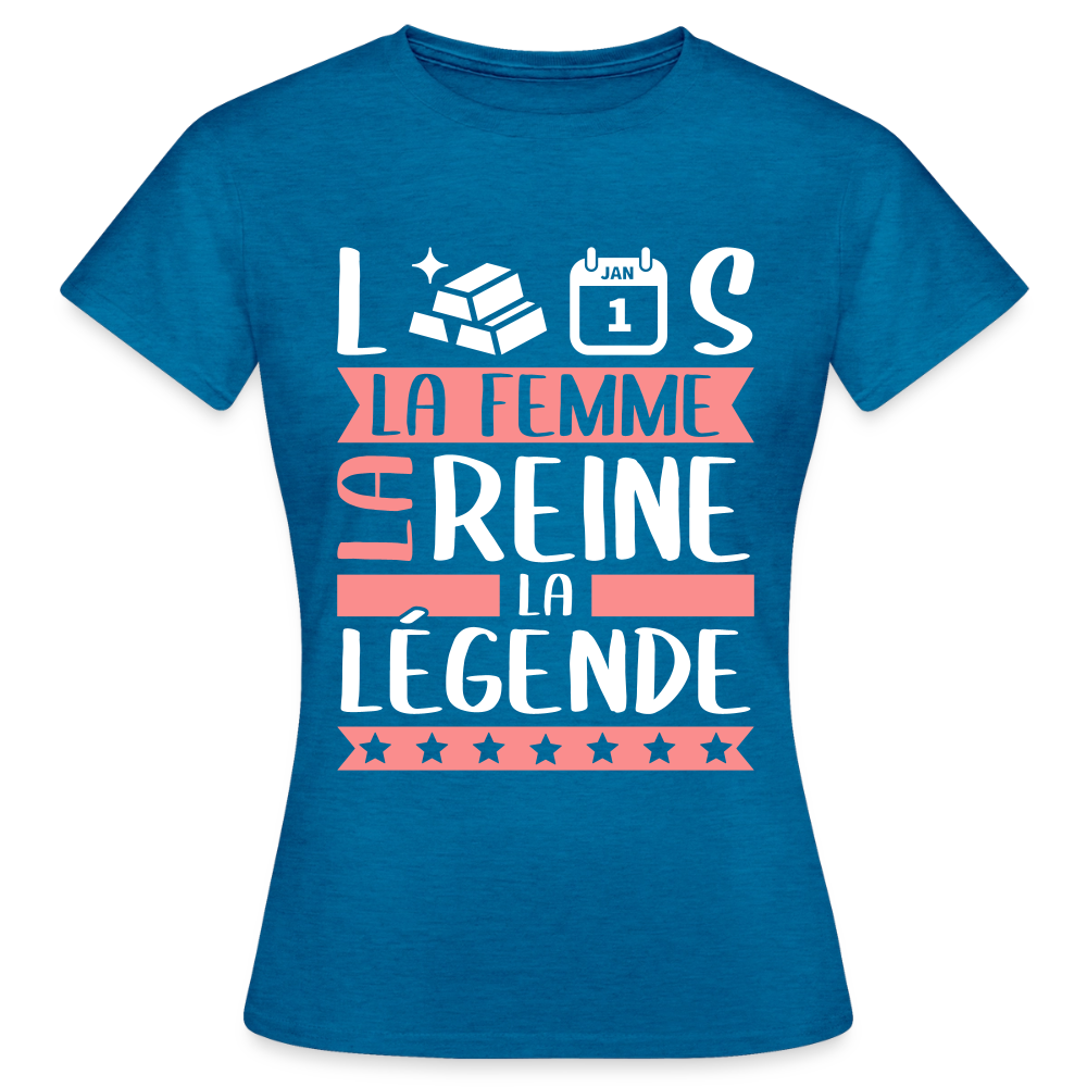 T-shirt femme Laurence rébus – La femme, la reine, la légende - bleu saphir antique chiné