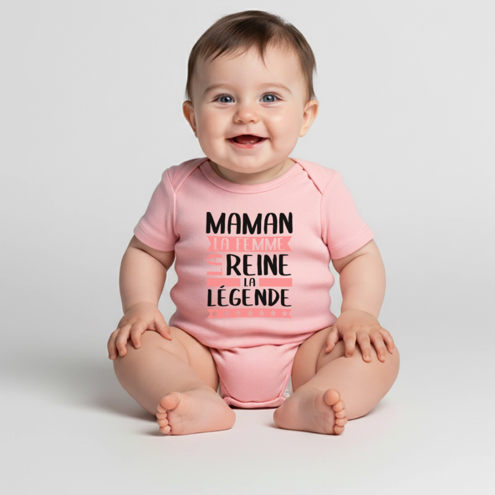 Body bébé bio manches courtes coloris clair motif rose - Maman, la femme, la reine, la légende - rose