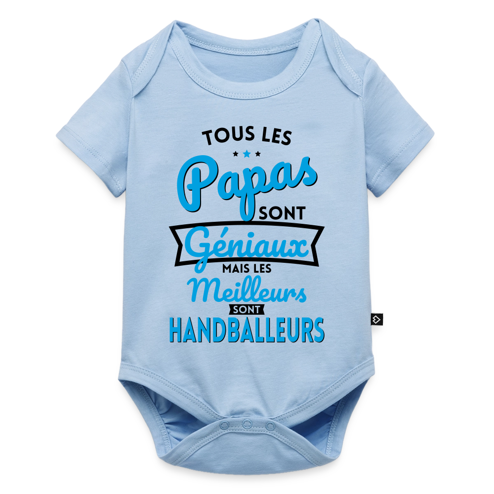 Body Bébé bio manches courtes - Papas géniaux - Les meilleurs sont handballeurs - bleu clair
