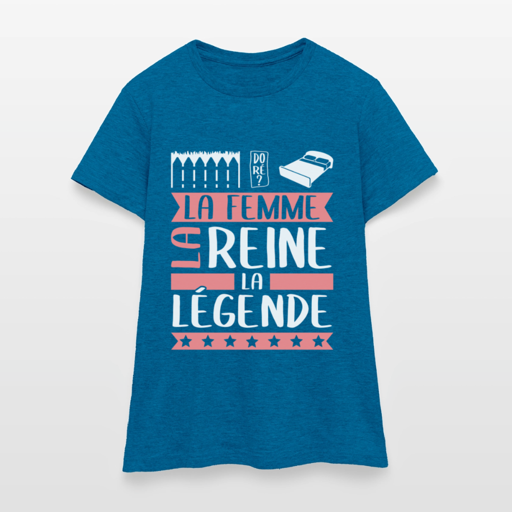 T-shirt femme Emilie rébus – La femme, la reine, la légende - bleu saphir antique chiné
