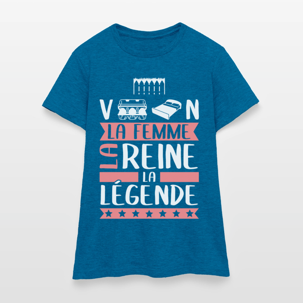 T-shirt femme Evelyne rébus – La femme, la reine, la légende - bleu saphir antique chiné