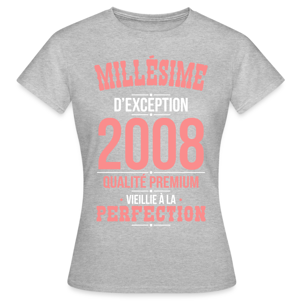 T-shirt anniversaire Femme 18 Ans – Millésime d’Exception 2008 - gris chiné