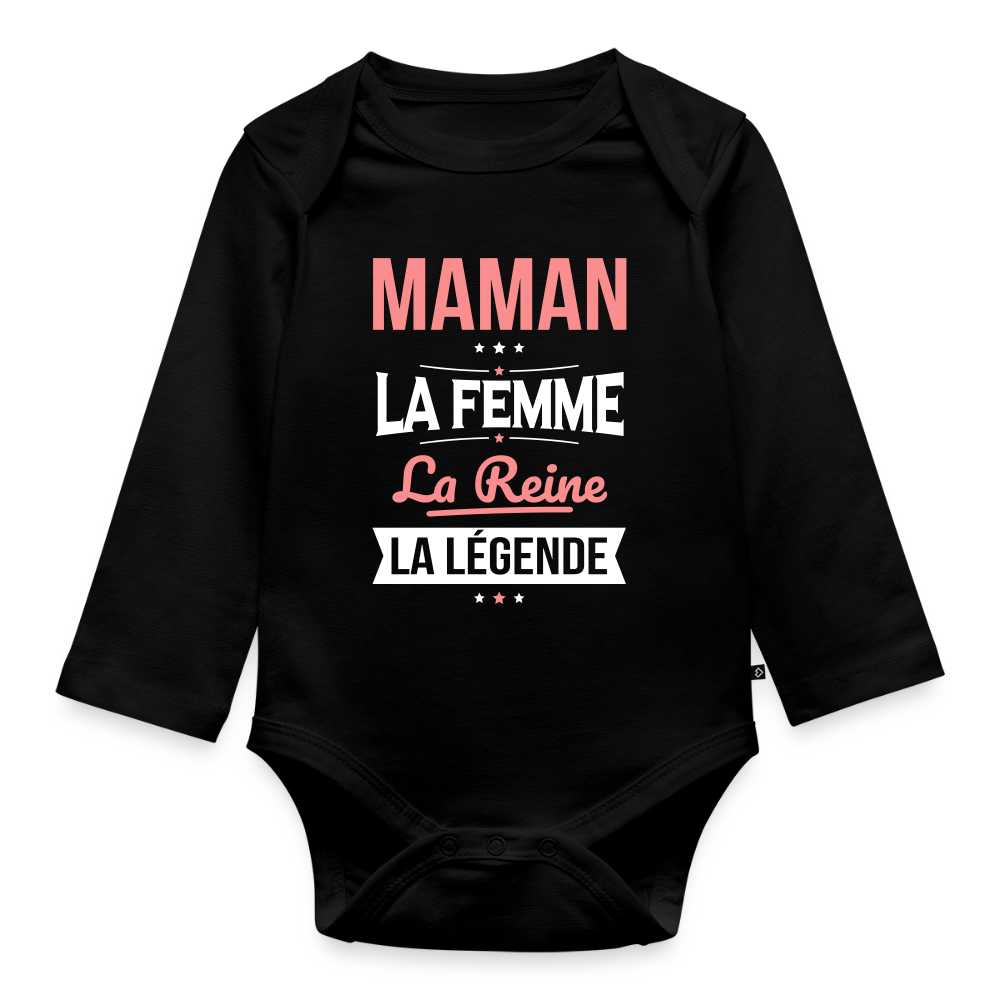 Body bébé bio manches longues motif rose - Maman, femme, reine, légende - noir