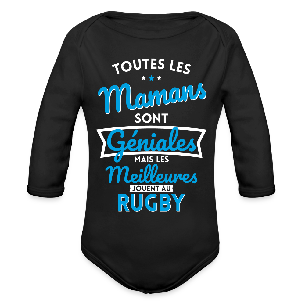 Body Bébé bio manches longues - Mamans géniales - Les meilleures jouent au rugby - noir