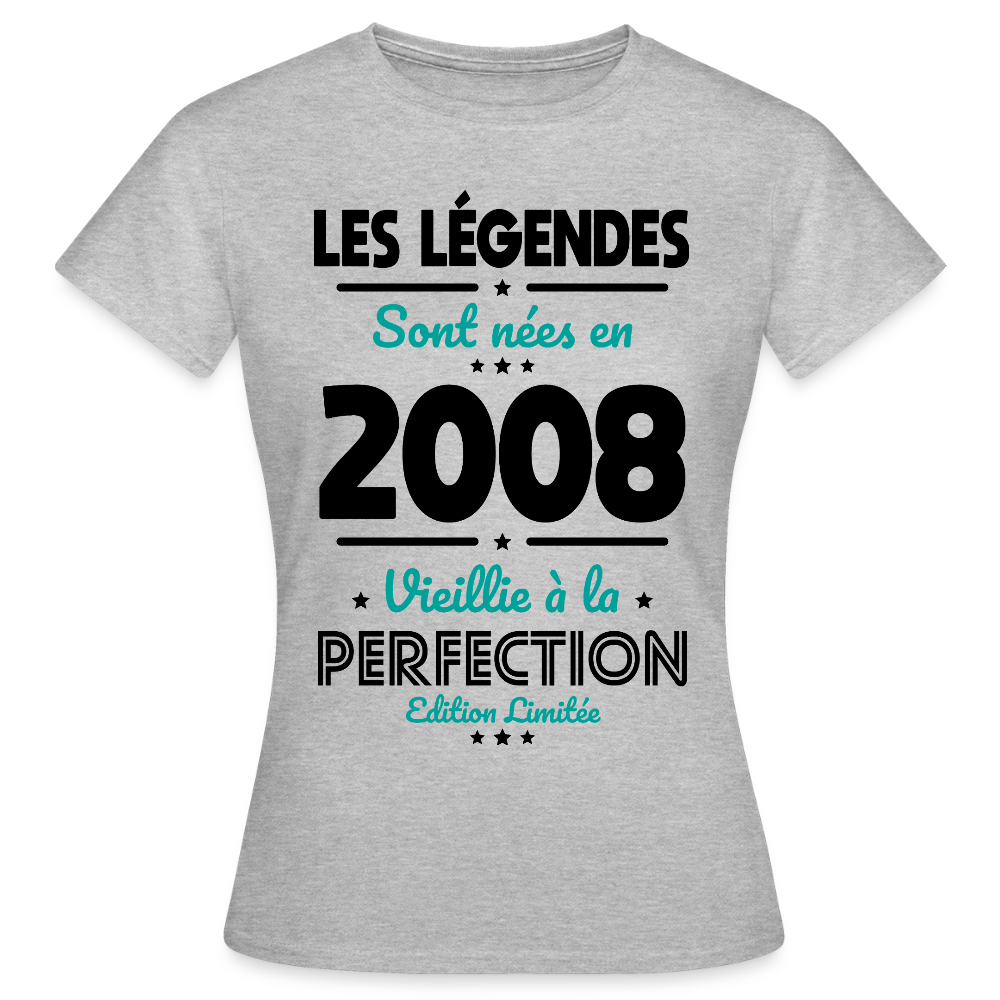 T-shirt anniversaire femme 18 ans couleur claire – Les légendes sont nées en 2008 - gris chiné