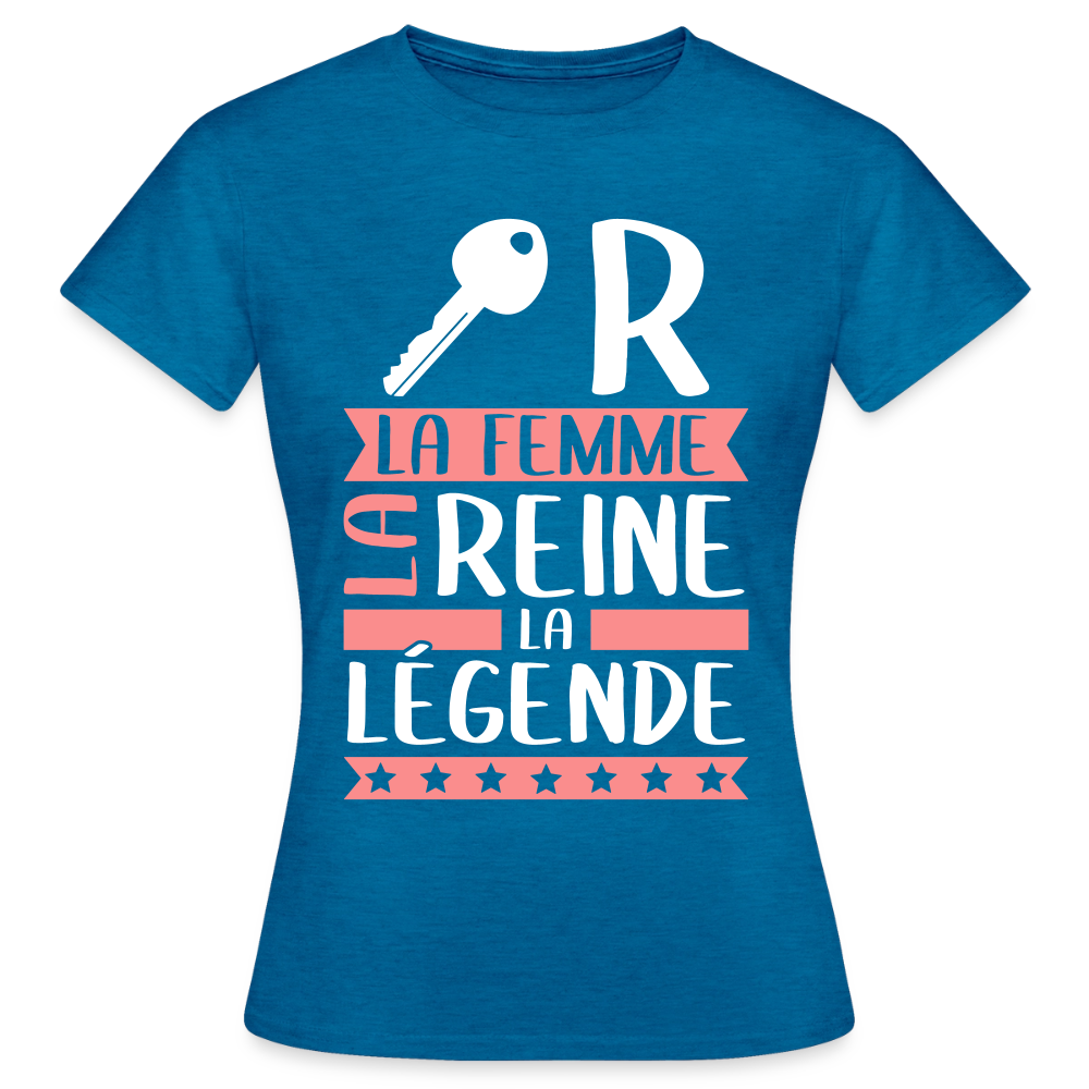 T-shirt femme Claire rébus – La femme, la reine, la légende - bleu saphir antique chiné