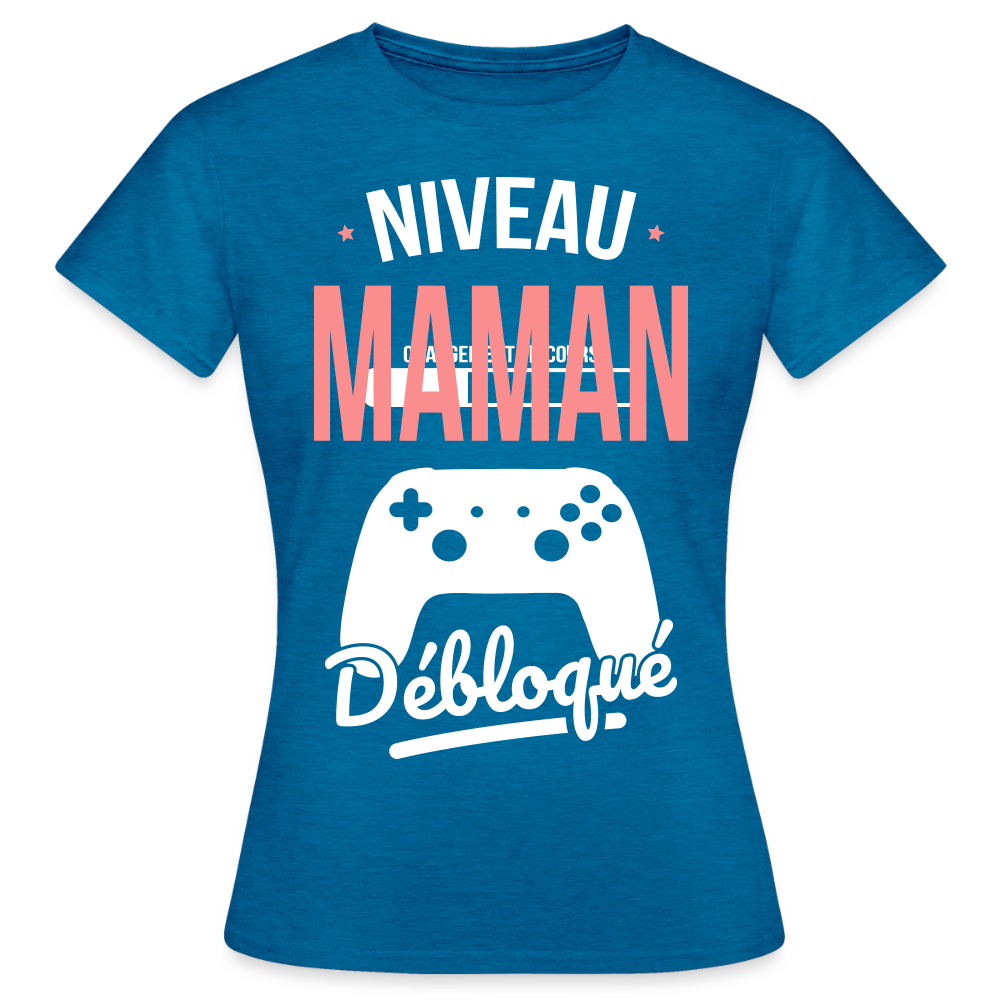 T-shirt femme fête des mères - Niveau maman débloqué - bleu saphir antique chiné