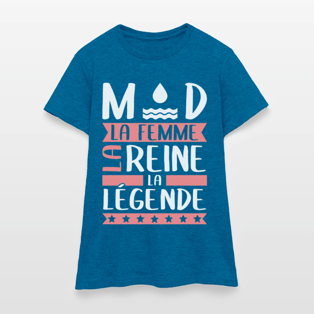 T-shirt femme Maud rébus – La femme, la reine, la légende - bleu saphir antique chiné
