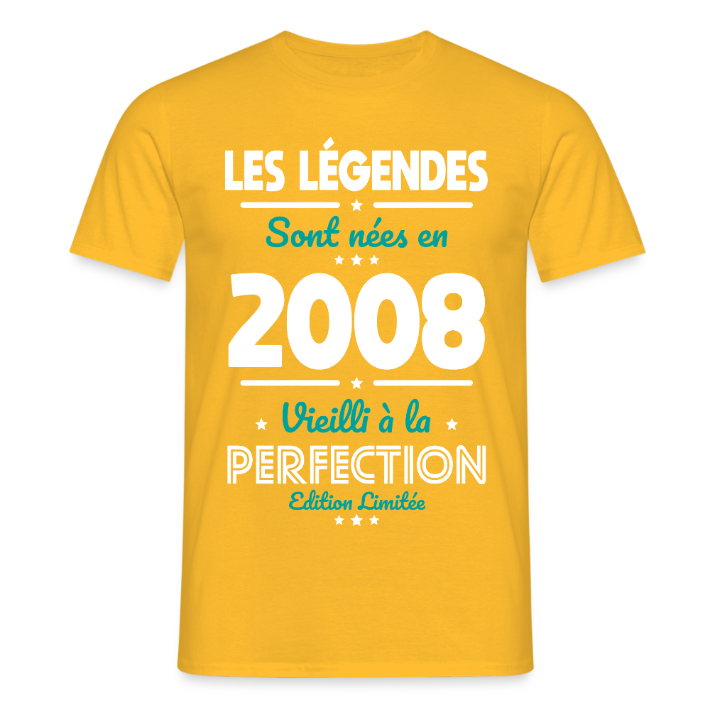 T-shirt anniversaire homme 18 ans – Les légendes sont nées en 2008 - jaune