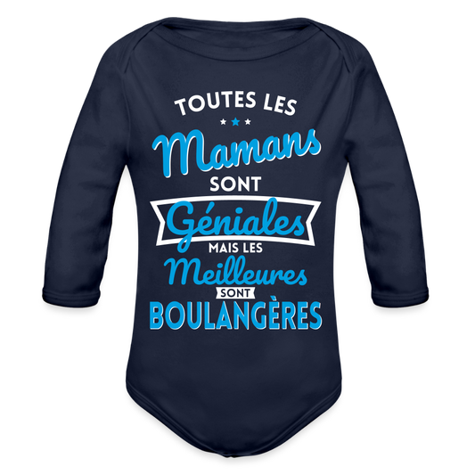 Body Bébé bio manches longues - Mamans géniales - Les meilleures sont boulangères - marine foncé