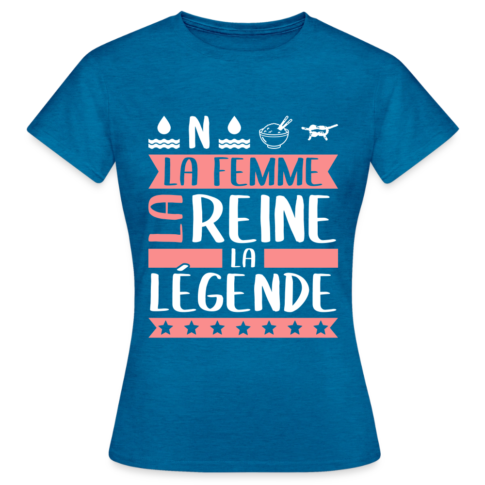 T-shirt femme Honorine rébus – La femme, la reine, la légende - bleu saphir antique chiné