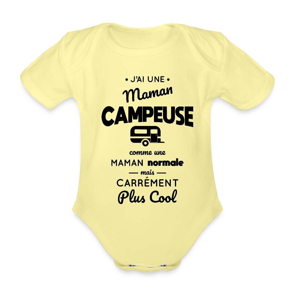 Body Bébé bio manches courtes - J'ai une maman campeuse - jaune délavé