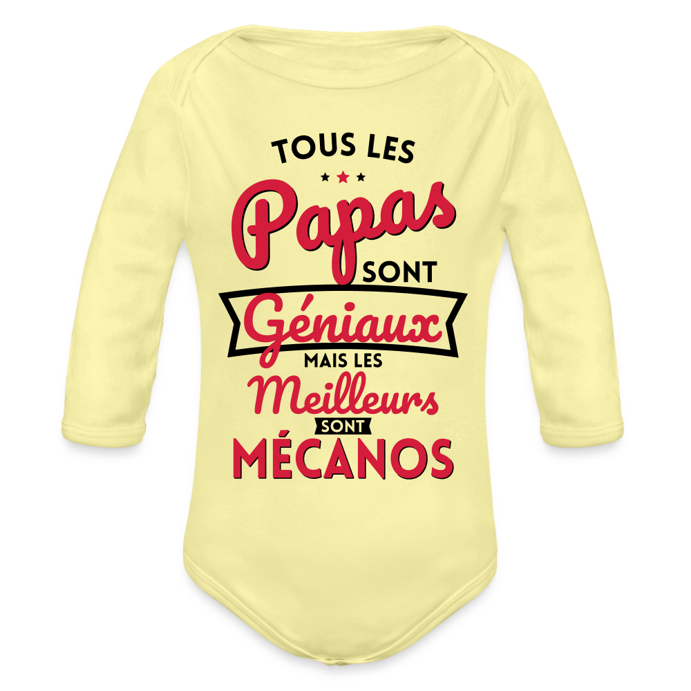 Body Bébé bio manches longues - Papas géniaux - Les meilleurs sont mécanos - jaune délavé