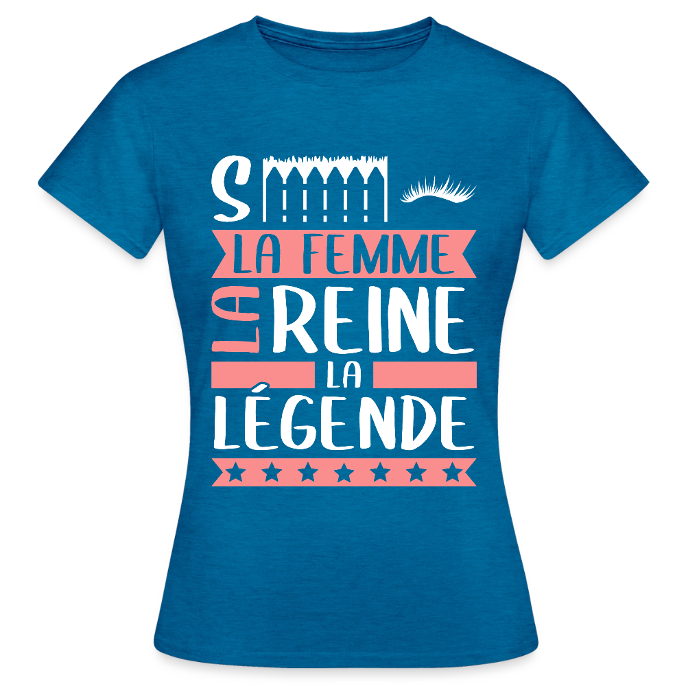 T-shirt femme Cécile rébus – La femme, la reine, la légende - bleu saphir antique chiné