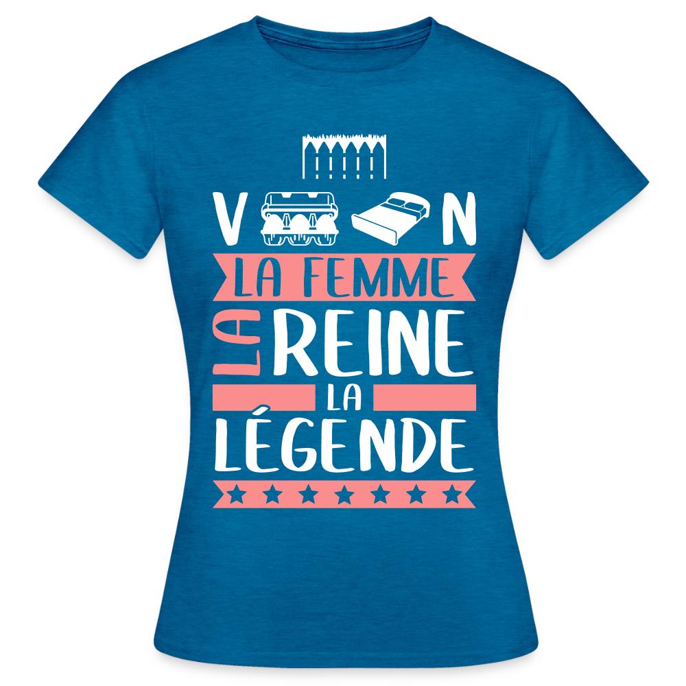 T-shirt femme Evelyne rébus – La femme, la reine, la légende - bleu saphir antique chiné