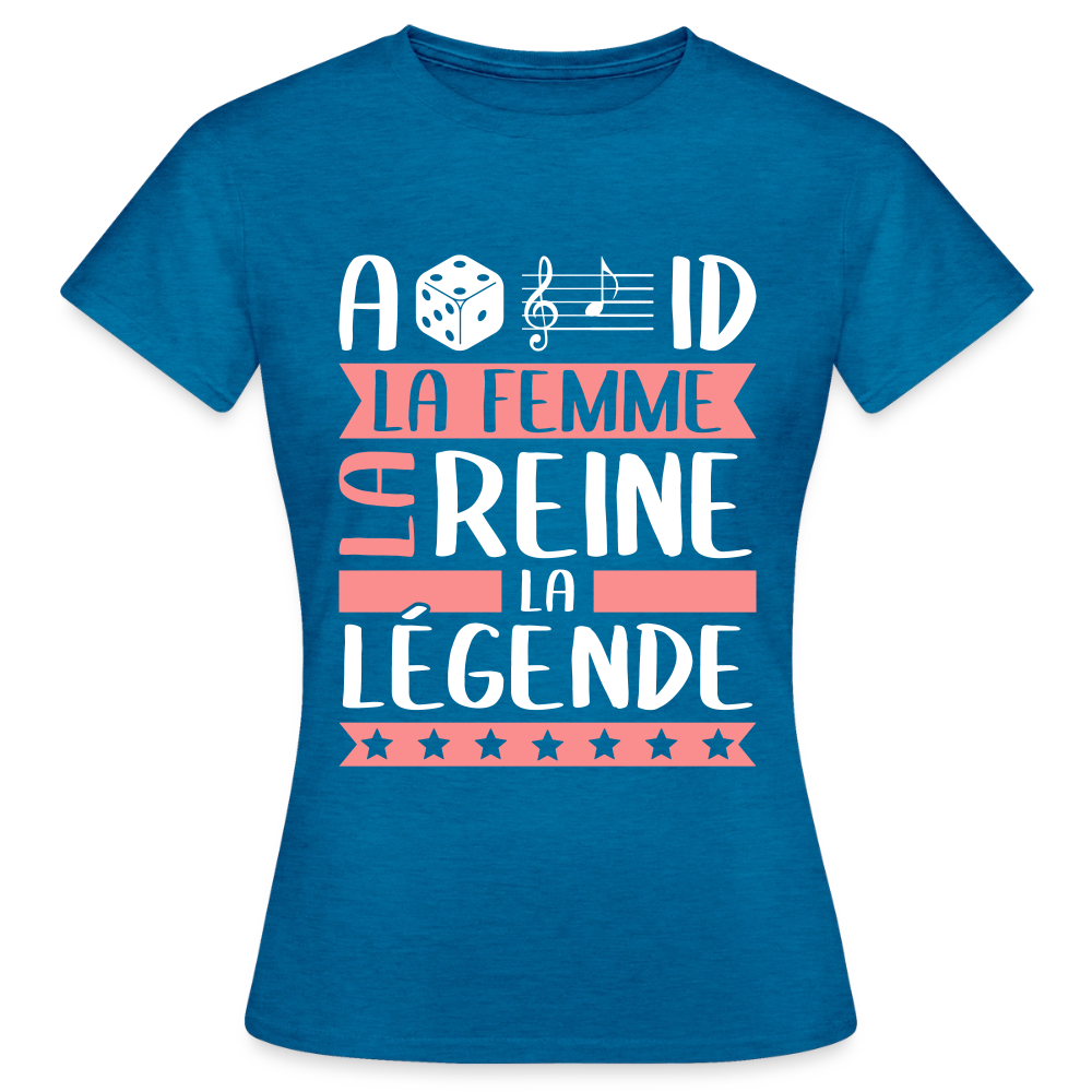 T-shirt femme Adélaïde rébus – La femme, la reine, la légende - bleu saphir antique chiné
