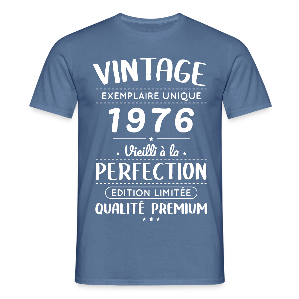 T-shirt anniversaire homme 50 ans – Vintage 1976 – Perfection - bleu pigeon 
