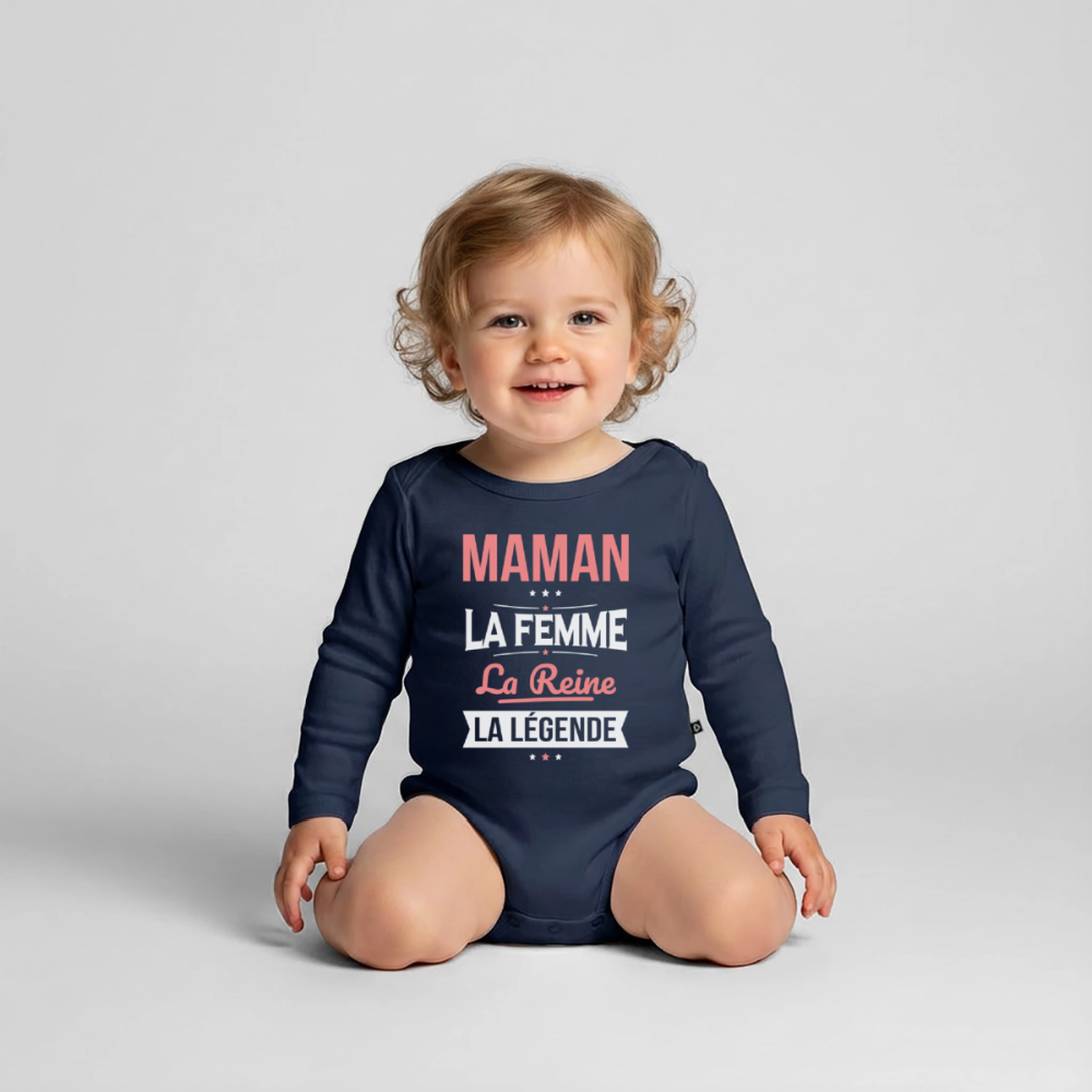 Body bébé bio manches longues motif rose - Maman, femme, reine, légende - bleu marine
