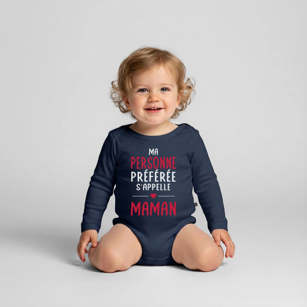 Body bébé bio manches longues - Ma personne préférée s’appelle Maman - bleu marine