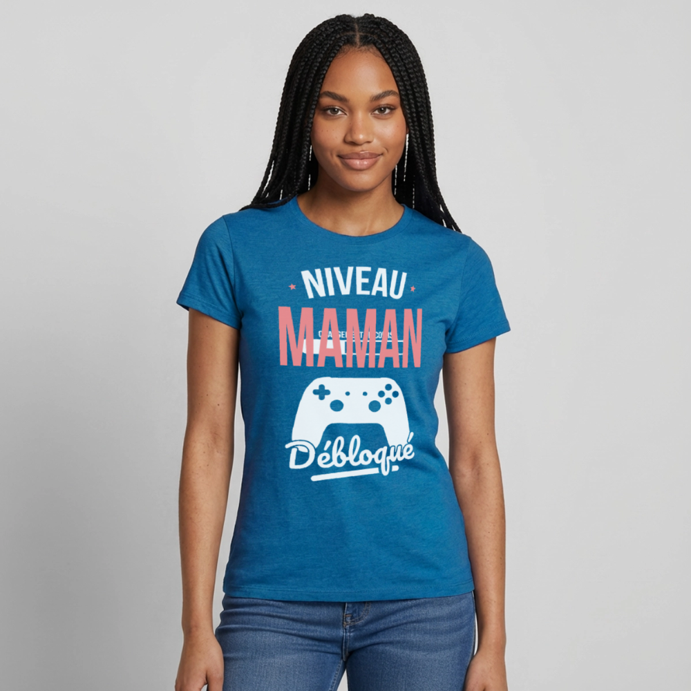 T-shirt femme fête des mères - Niveau maman débloqué - bleu saphir antique chiné