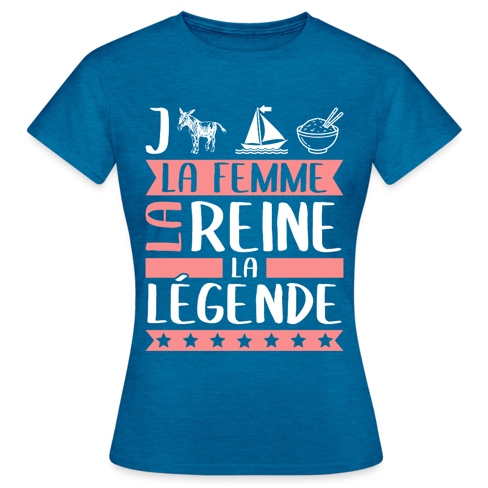 T-shirt femme Jeanne-Marie rébus – La femme, la reine, la légende - bleu saphir antique chiné