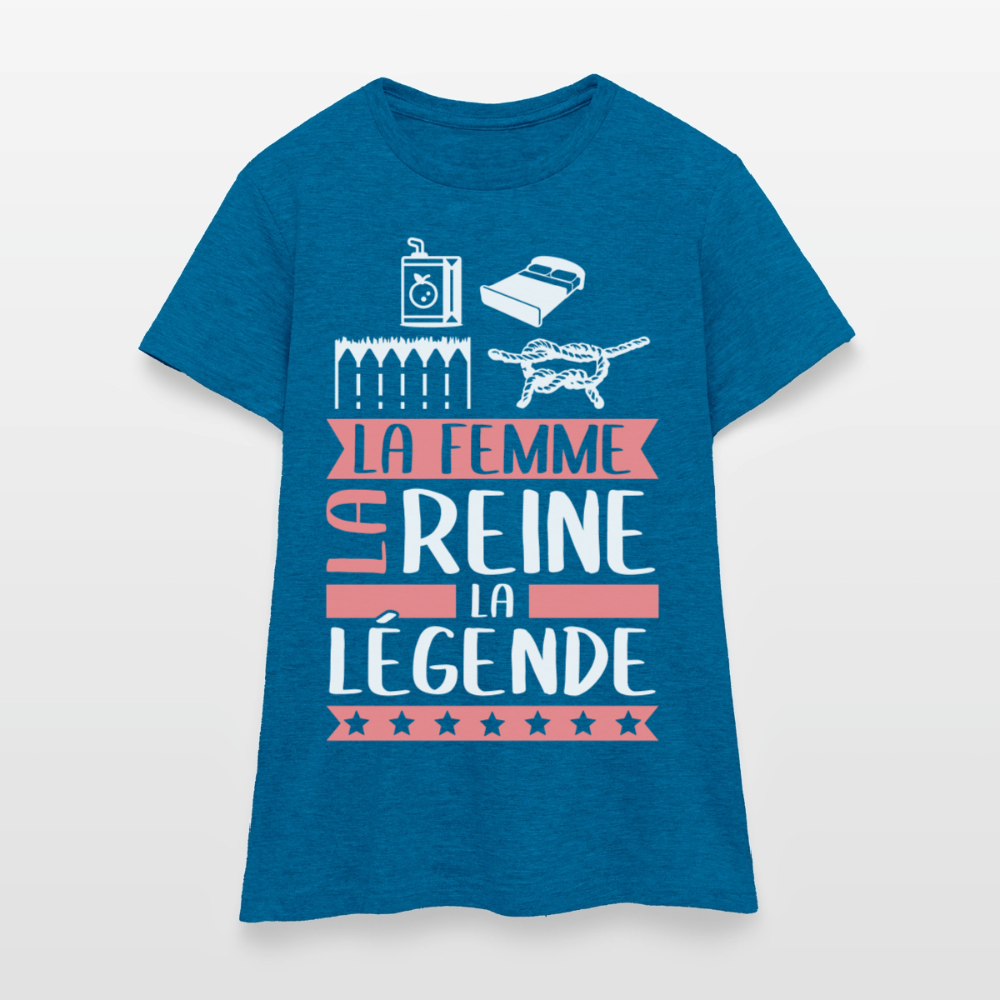 T-shirt femme Julienne rébus – La femme, la reine, la légende - bleu saphir antique chiné