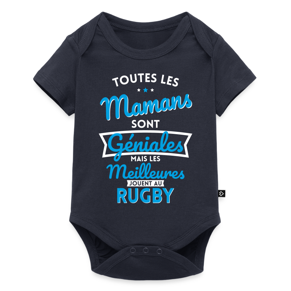 Body Bébé bio manches courtes - Mamans géniales - Les meilleures jouent au rugby - bleu marine