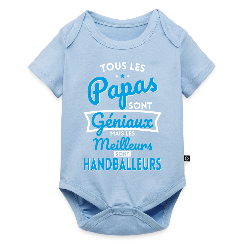 Body Bébé bio manches courtes - Papas géniaux - Les meilleurs sont handballeurs - bleu clair