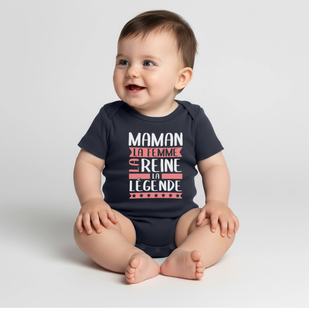 Body bébé bio manches courtes motif rose - Maman, la femme, la reine, la légende - bleu marine