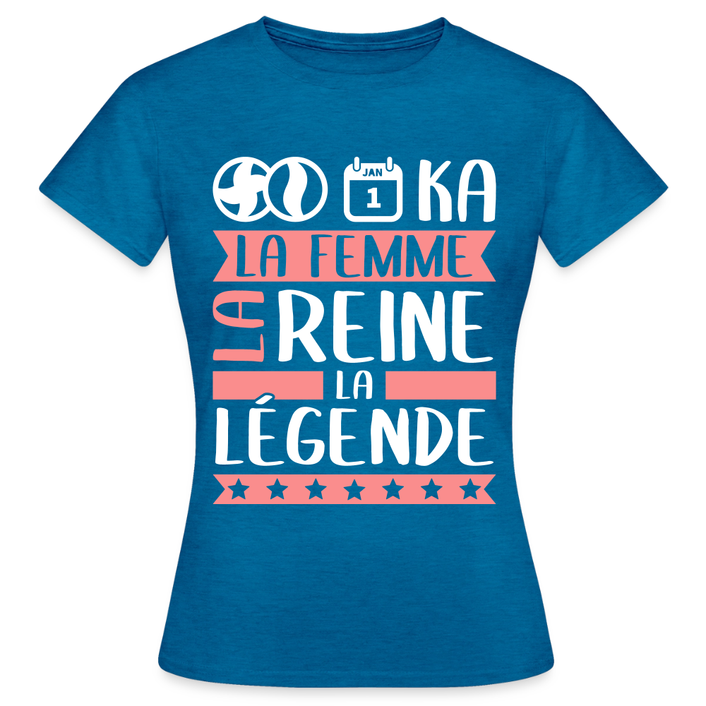 T-shirt femme Bianca rébus – La femme, la reine, la légende - bleu saphir antique chiné