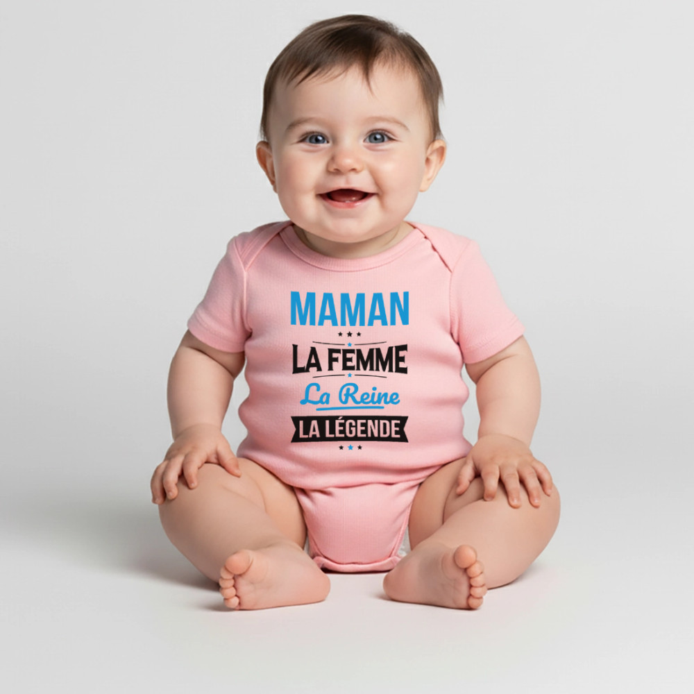 Body bébé bio manches courtes coloris clair - Maman, femme, reine, légende - rose