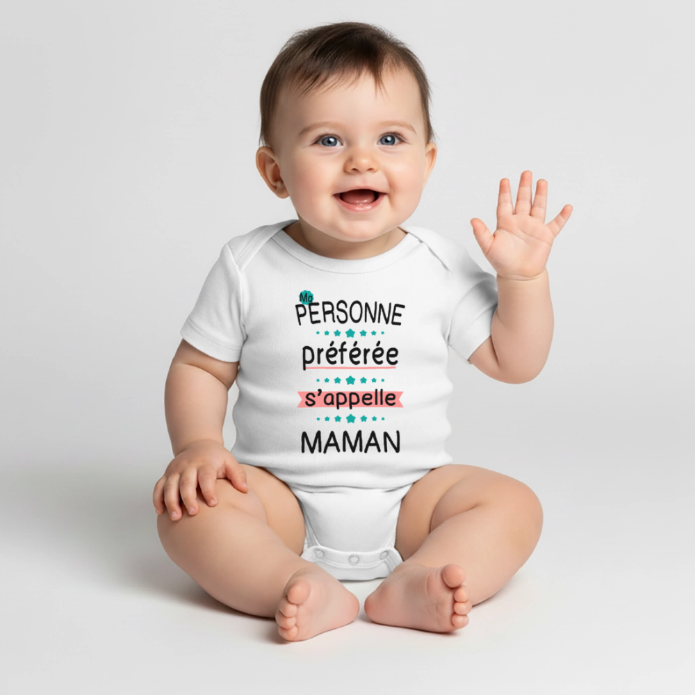Body bébé bio manches courtes coloris clair impression rose - Personne préférée Maman - blanc