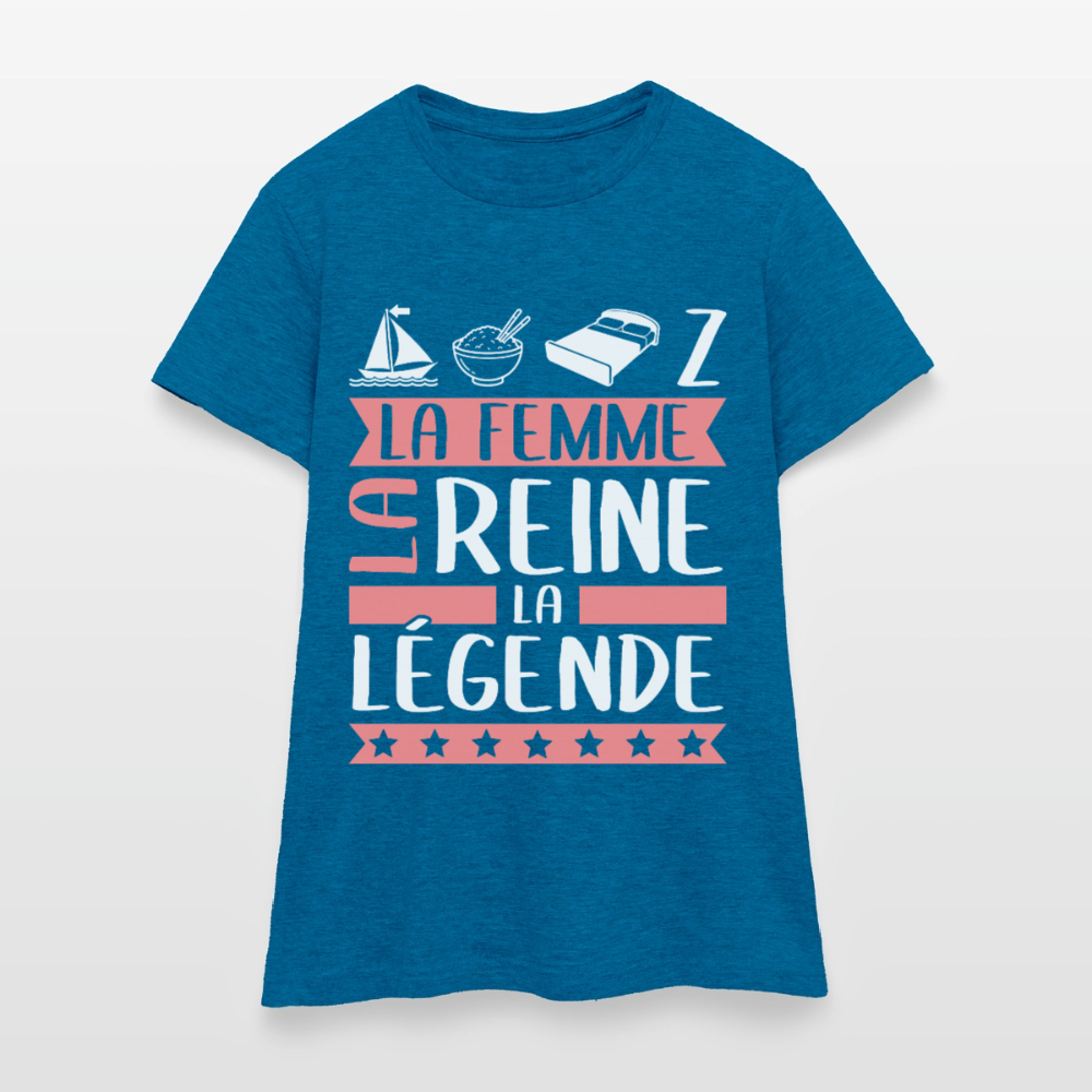 T-shirt femme Marie-Lise rébus – La femme, la reine, la légende - bleu saphir antique chiné