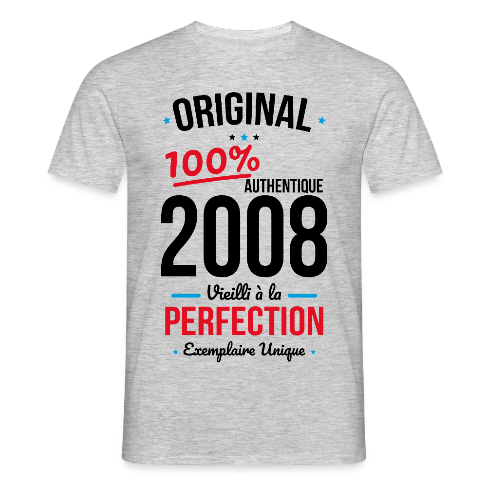 T-shirt anniversaire 18 ans Homme coloris clair – Original 2008 Authentique - gris chiné