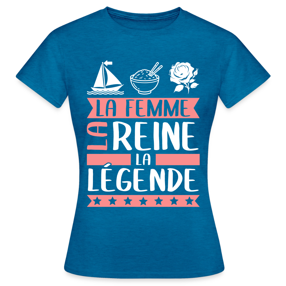 T-shirt femme Marie-Rose rébus – La femme, la reine, la légende - bleu saphir antique chiné