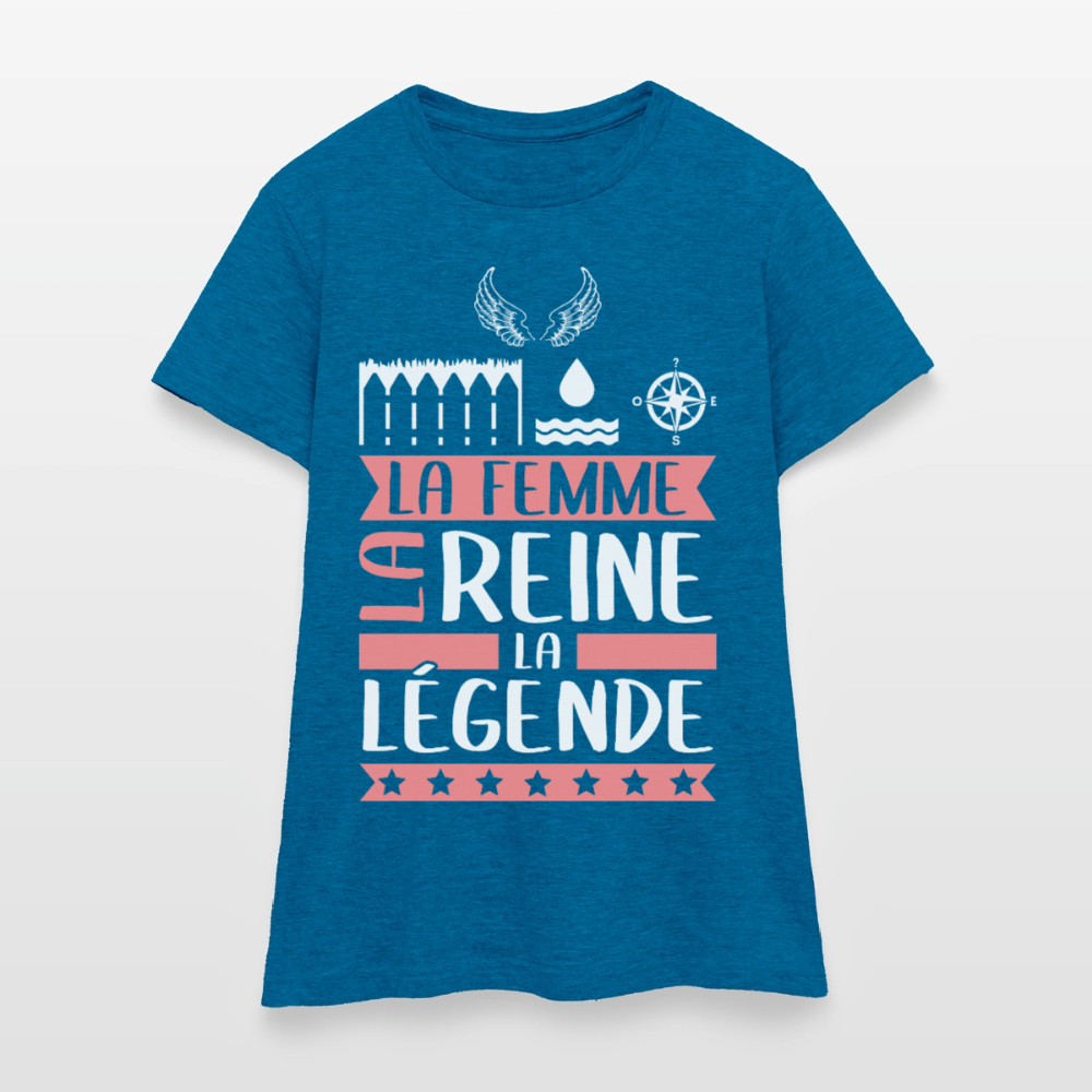 T-shirt femme Eléonore rébus – La femme, la reine, la légende - bleu saphir antique chiné