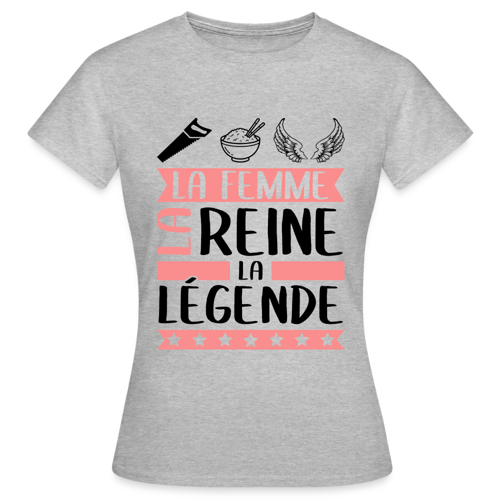T-shirt femme coloris clair Cyrielle en rébus – La femme, la reine, la légende - gris chiné