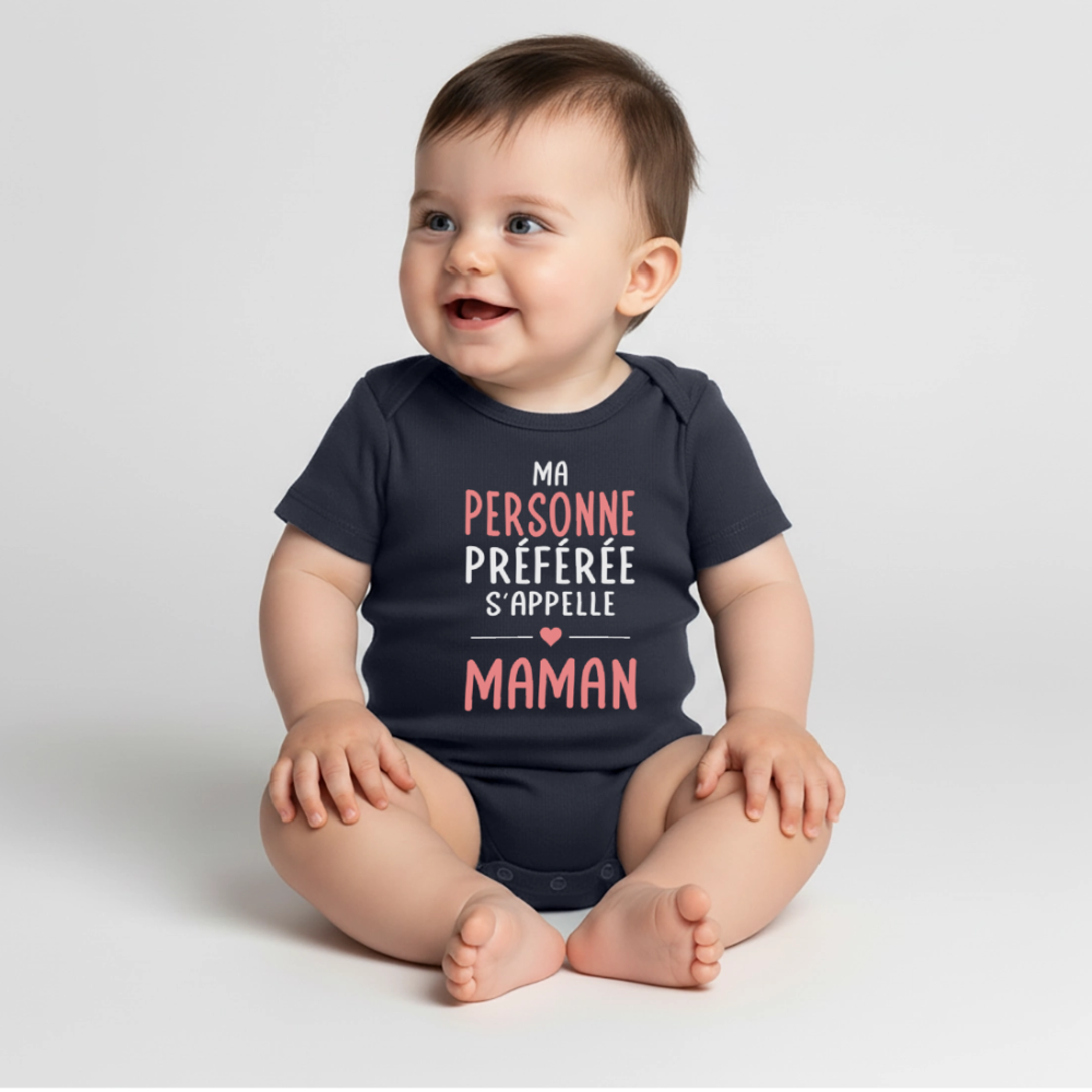 Body bébé bio manches courtes texte rose - Ma personne préférée s’appelle Maman - bleu marine