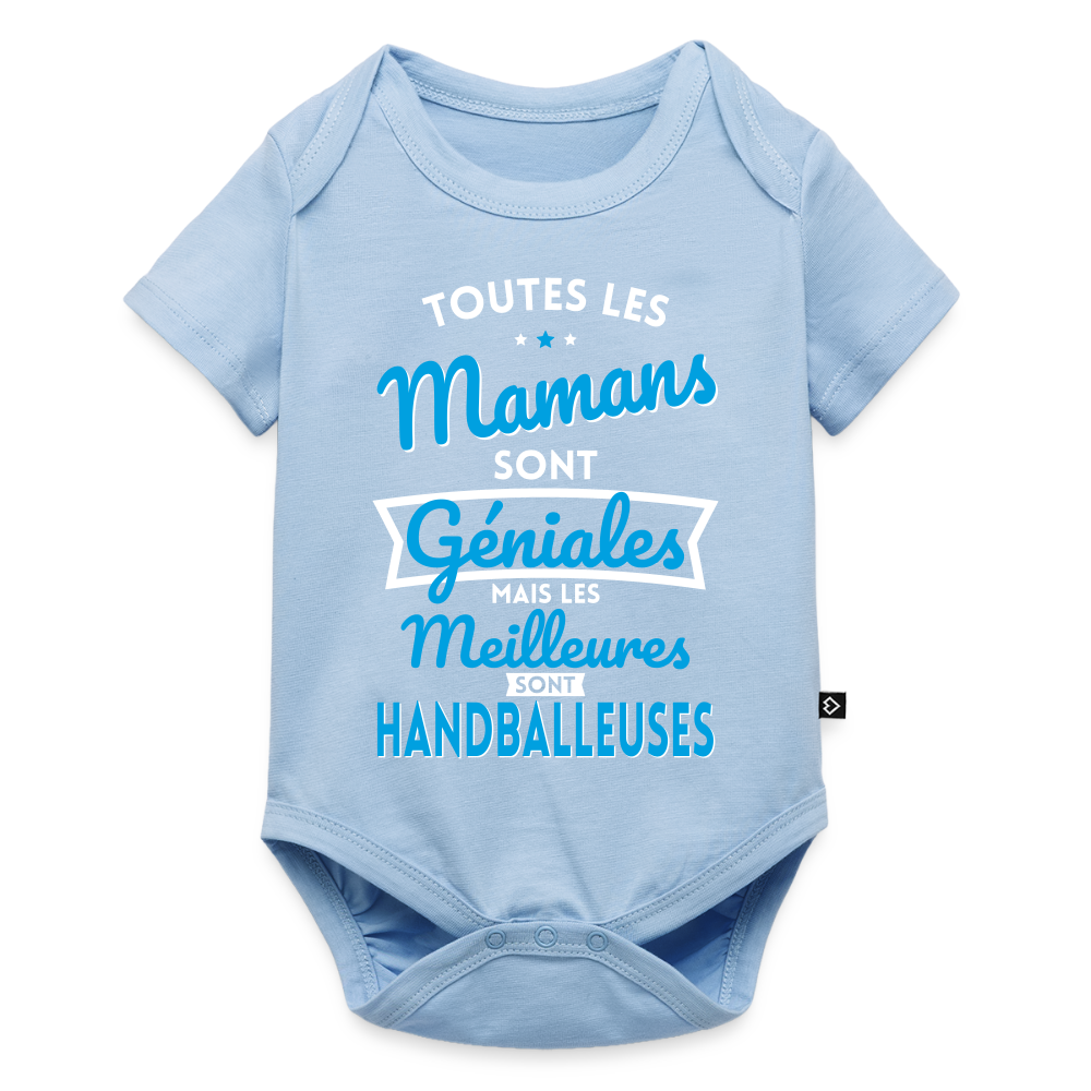 Body Bébé bio manches courtes - Mamans  géniales - Les meilleures sont handballeuses - bleu clair