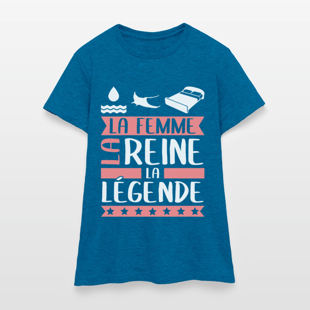 T-shirt femme Aurélie rébus – La femme, la reine, la légende - bleu saphir antique chiné