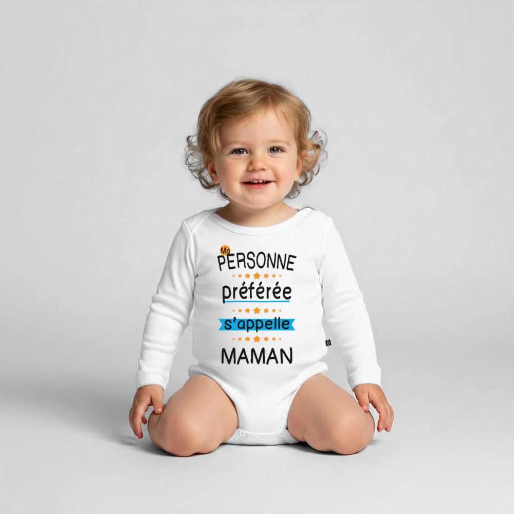 Body bébé bio manches longues coloris clair - Personne préférée Maman - blanc