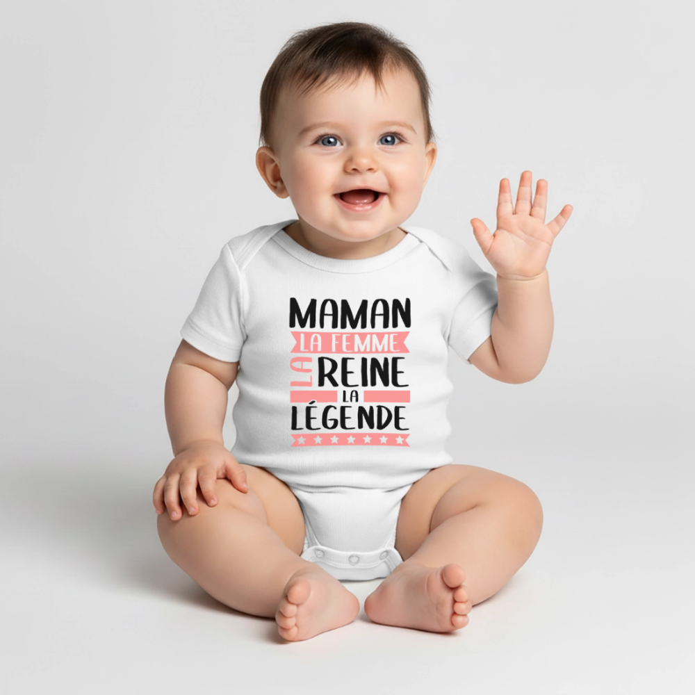 Body bébé bio manches courtes coloris clair motif rose - Maman, la femme, la reine, la légende - blanc