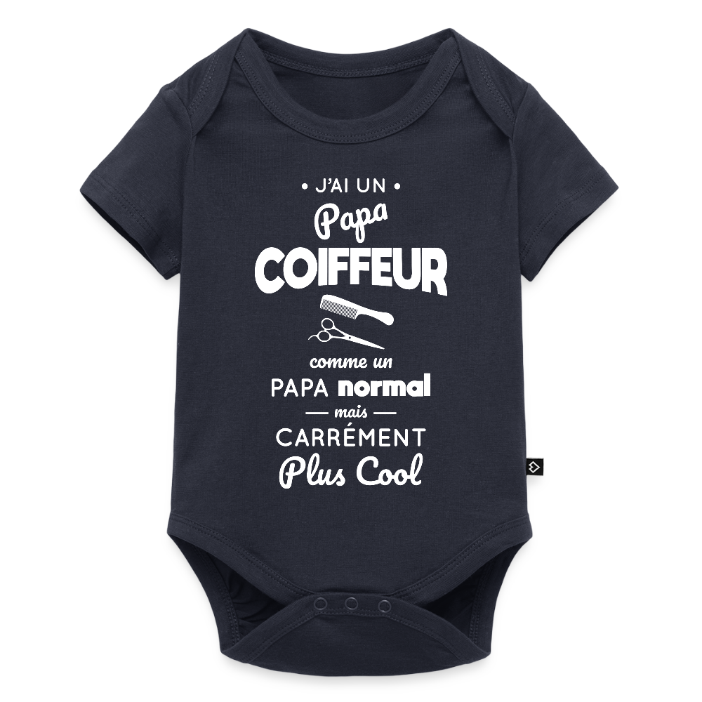 Body Bébé bio manches courtes - J'ai un papa coiffeur - bleu marine