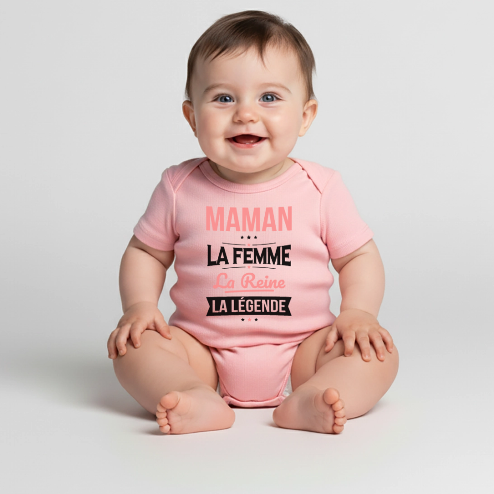 Body bébé bio manches courtes coloris clair motif rose - Maman, femme, reine, légende - rose