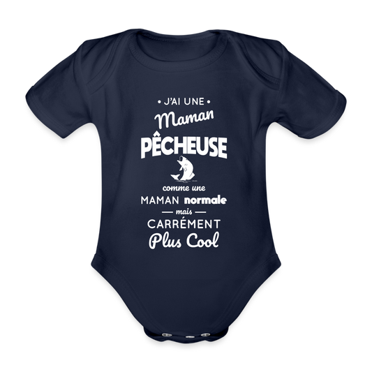 Body Bébé bio manches courtes - J'ai une maman pêcheuse - marine foncé