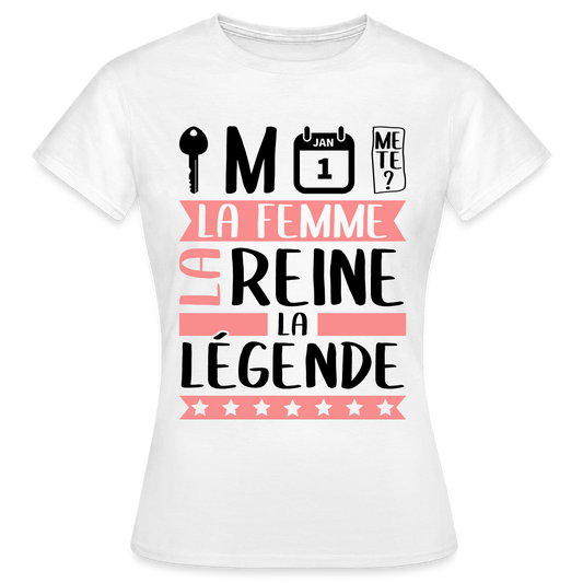 T-shirt femme coloris clair Clémence en rébus – La femme, la reine, la légende - blanc
