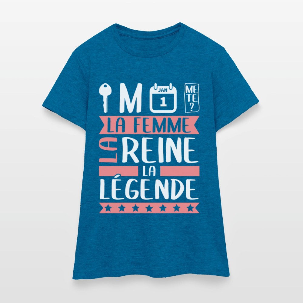 T-shirt femme Clémence rébus – La femme, la reine, la légende - bleu saphir antique chiné