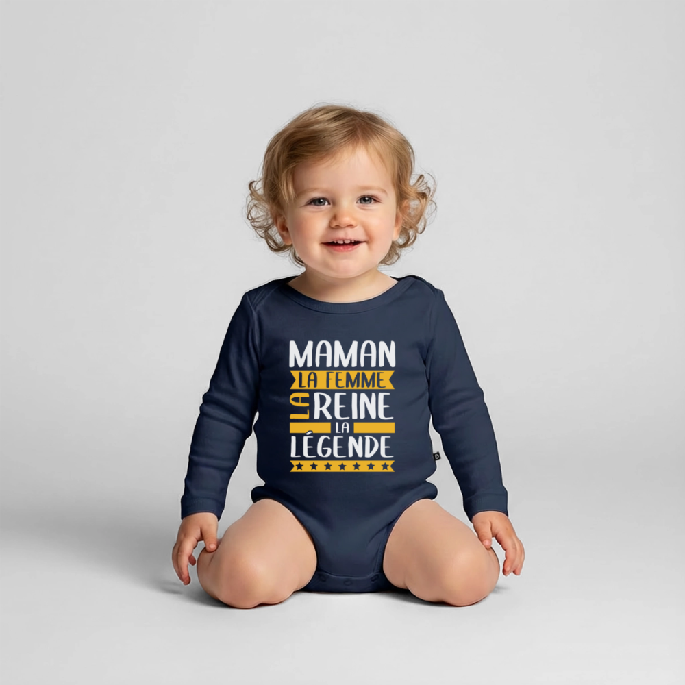 Body bébé bio manches longues - Maman, la femme, la reine, la légende - bleu marine